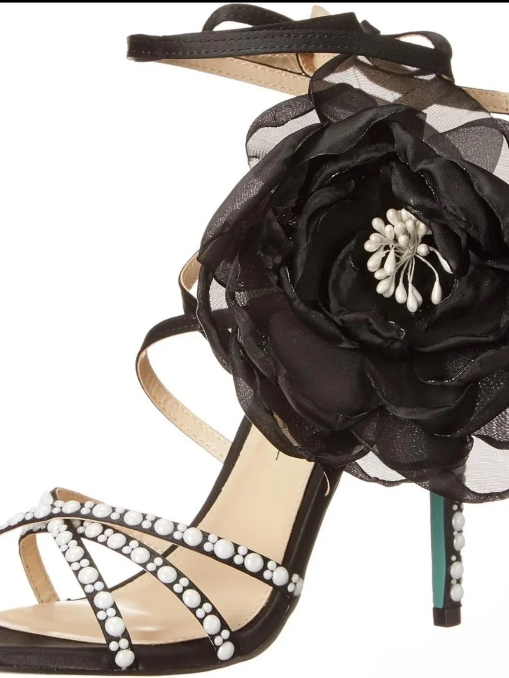 Betsey Johnson Black Floral Crystal-Strap Lace-Up Heels